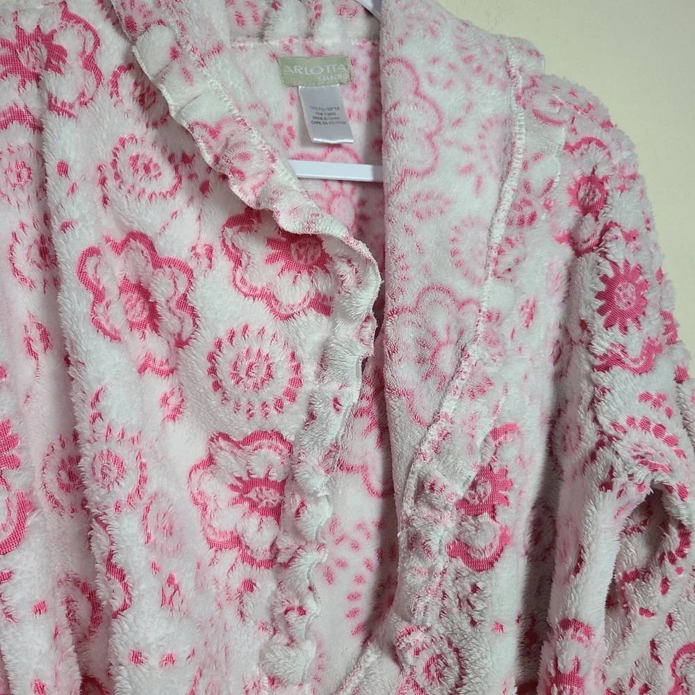 Pink Plush Floral Robe Ruffle‎ Trim L Loungewear Coquette Girly Barbiecore GRWM
